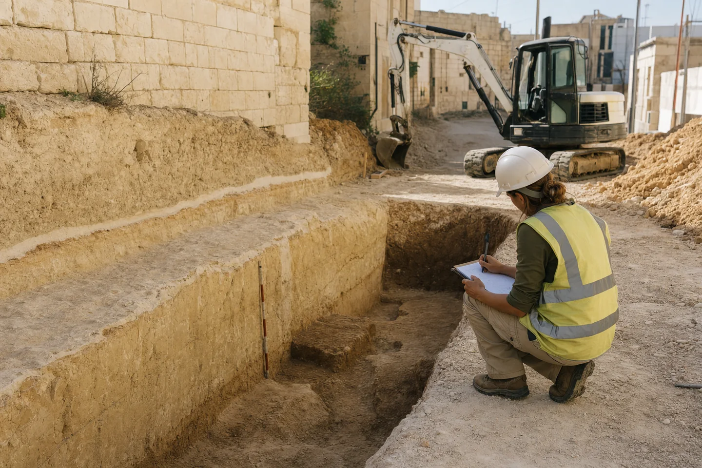 Archaeologist monitoring excavation on a development site in Malta.