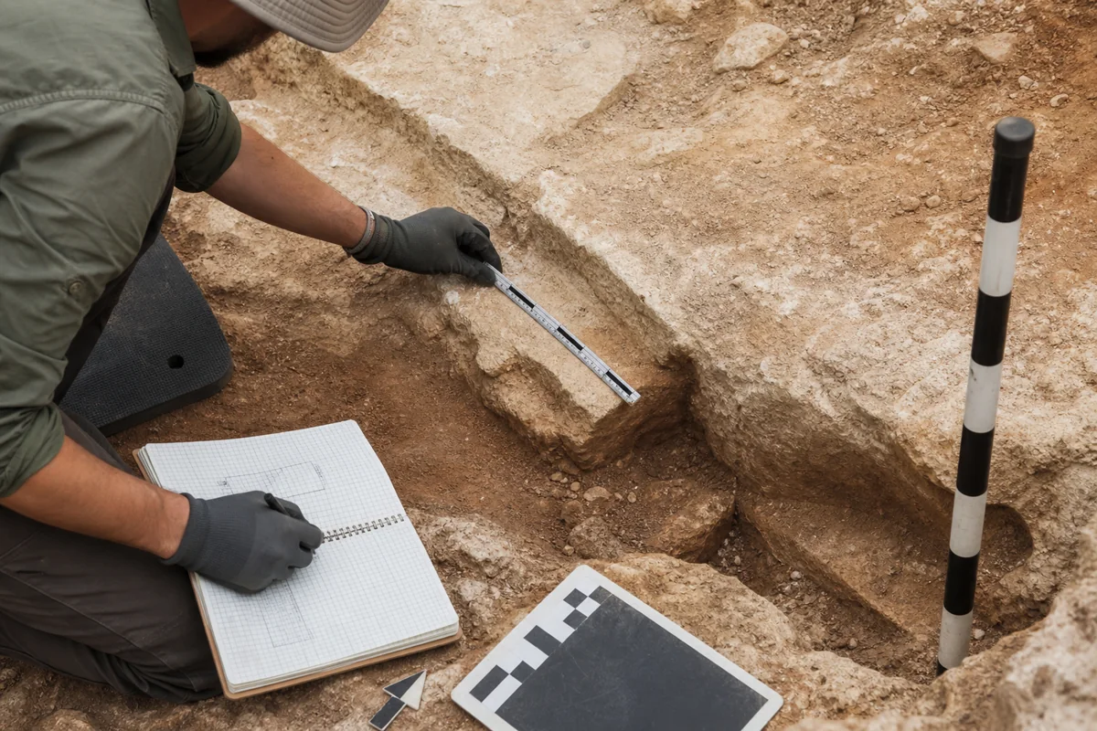 Example of an archaeologist measuring and recording a rock-cut feature exposed during monitored works.